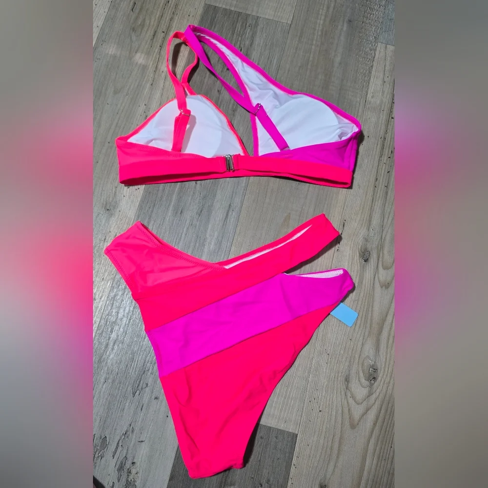 Vibrant Pink and Orange One-Shoulder Bikini